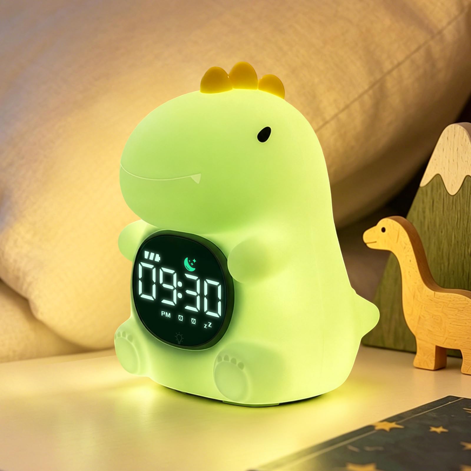Aokpsrt dinosaur clock front view showing color-guided lights and friendly shape for routines