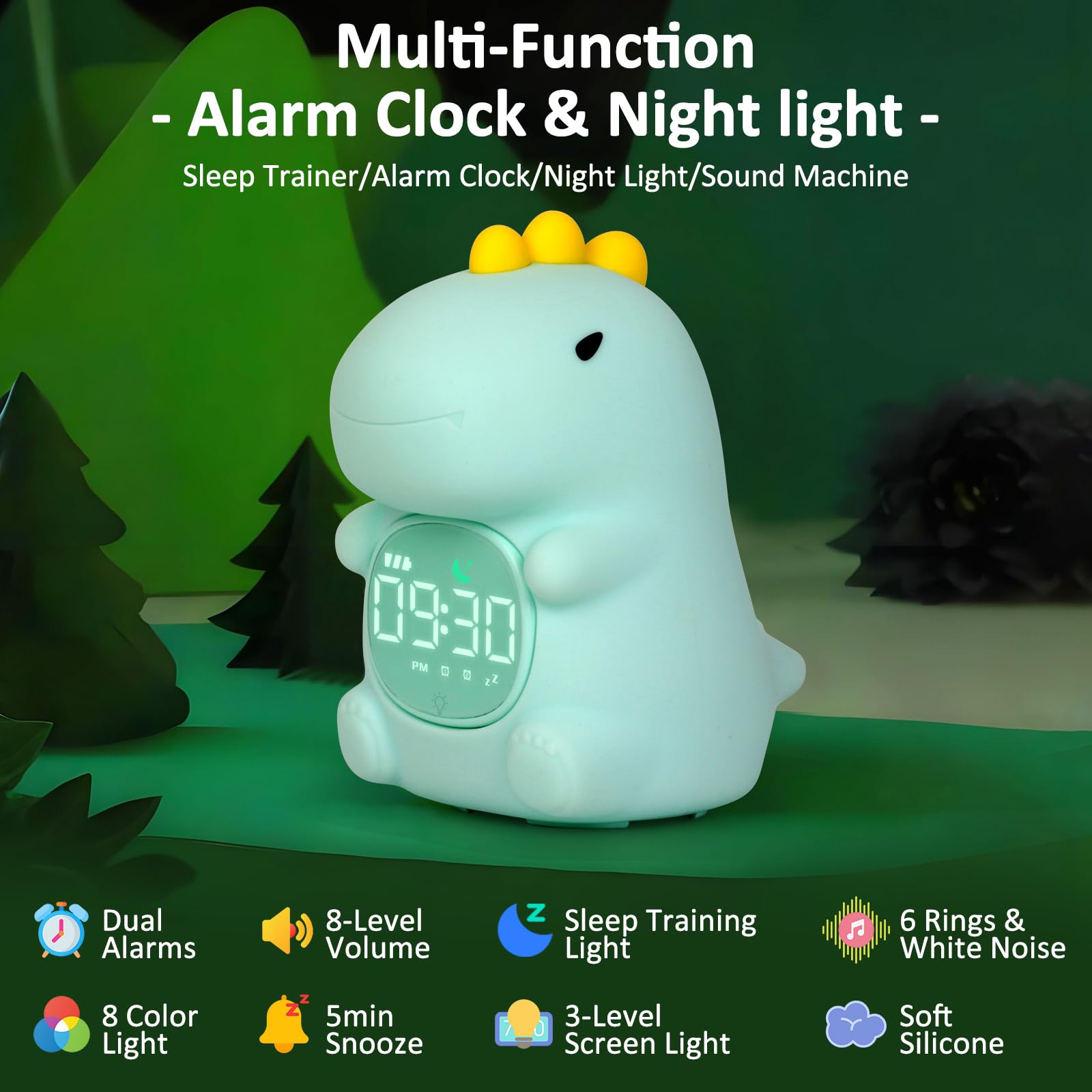 Aokpsrt dinosaur clock side profile highlighting soft-silicone casing and easy tap controls