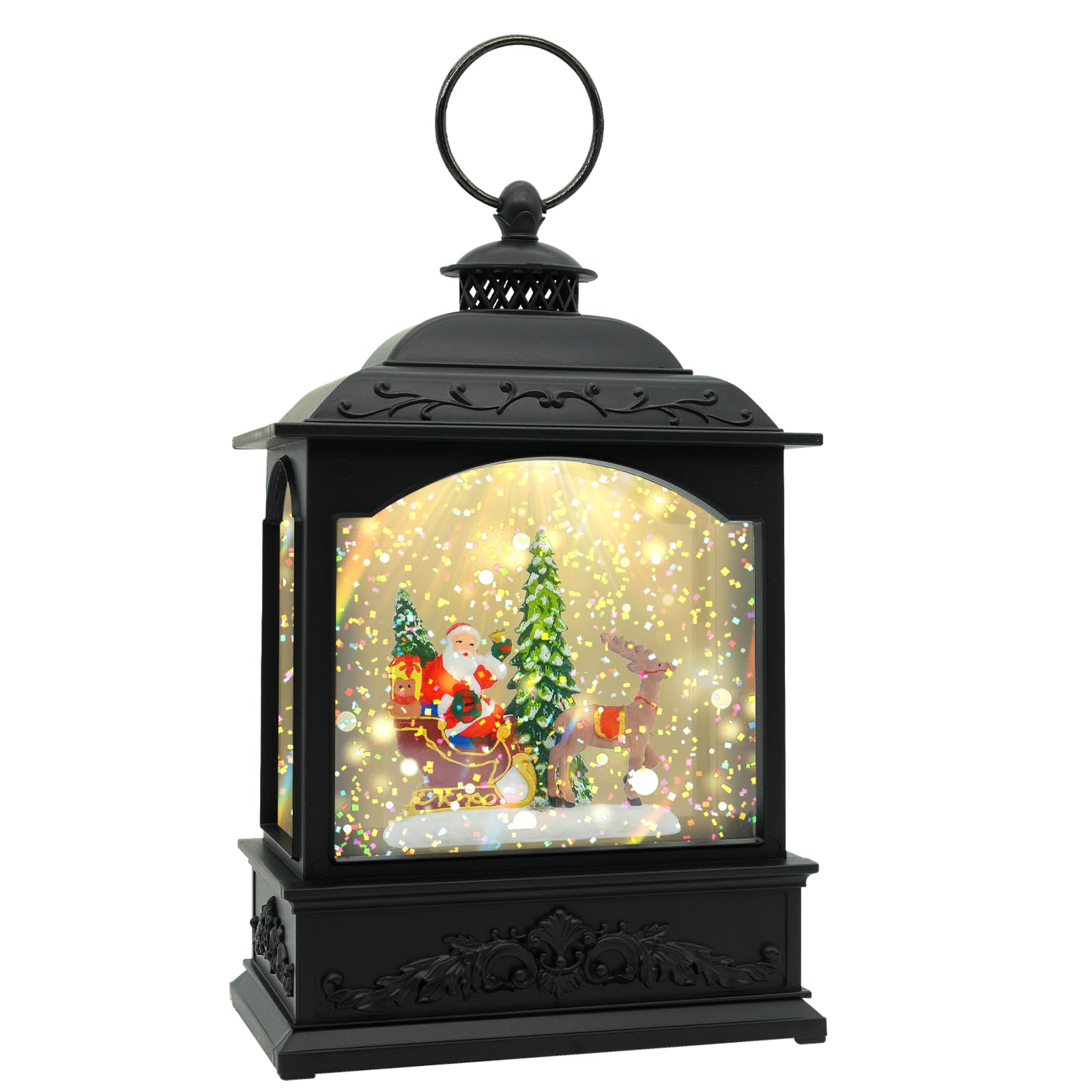 AOMIL front view globe lantern showing festive Santa scene and warm glow benefit