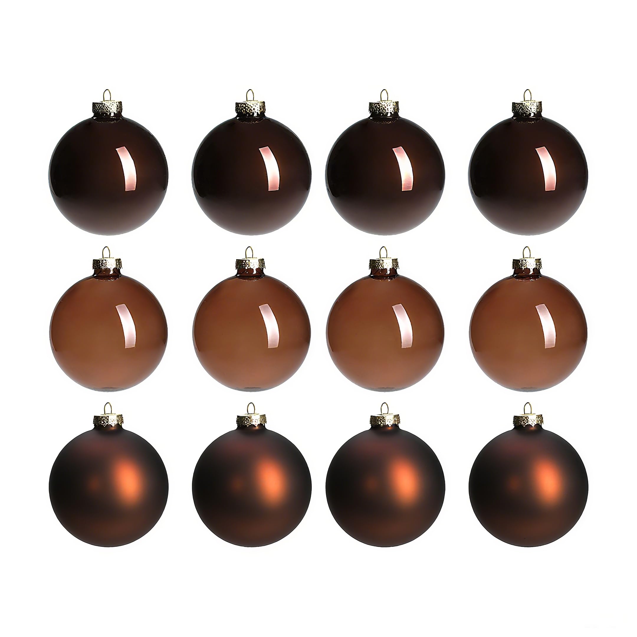 AOMOONOA front-packaging showing 12 brown glass baubles, ready to decorate