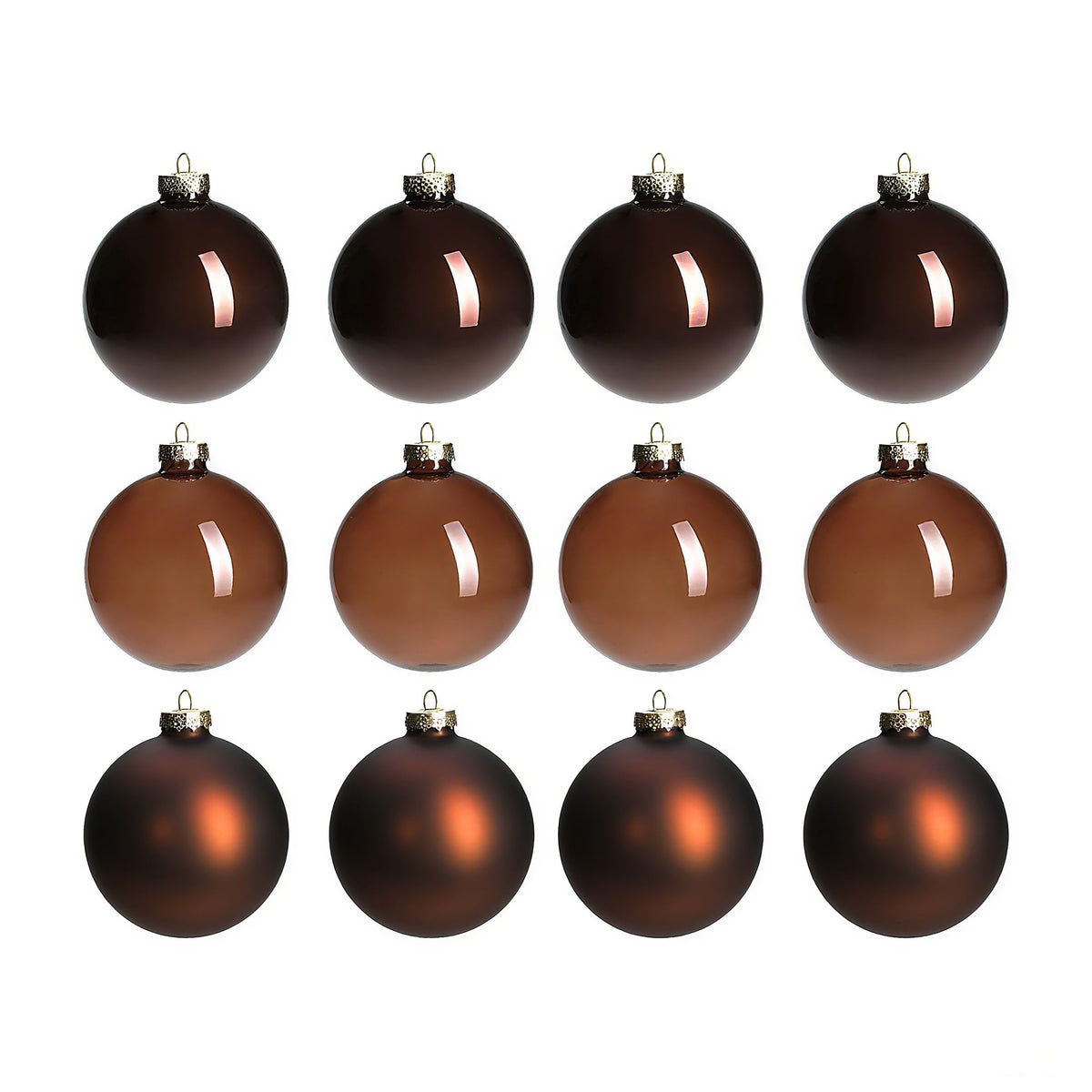 AOMOONOA front-packaging showing 12 brown glass baubles, ready to decorate