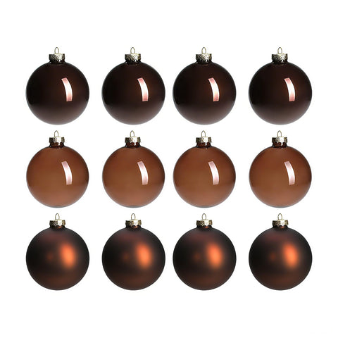 AOMOONOA front-packaging showing 12 brown glass baubles, ready to decorate