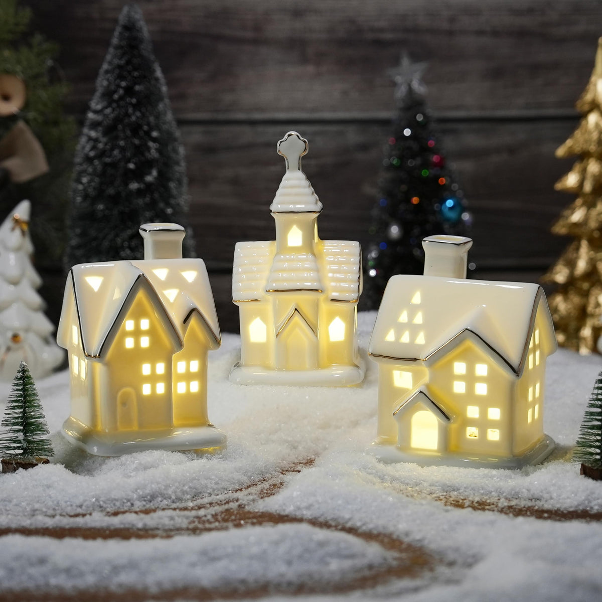 AOMOONOA front group view showing three houses glowing for cozy ambiance