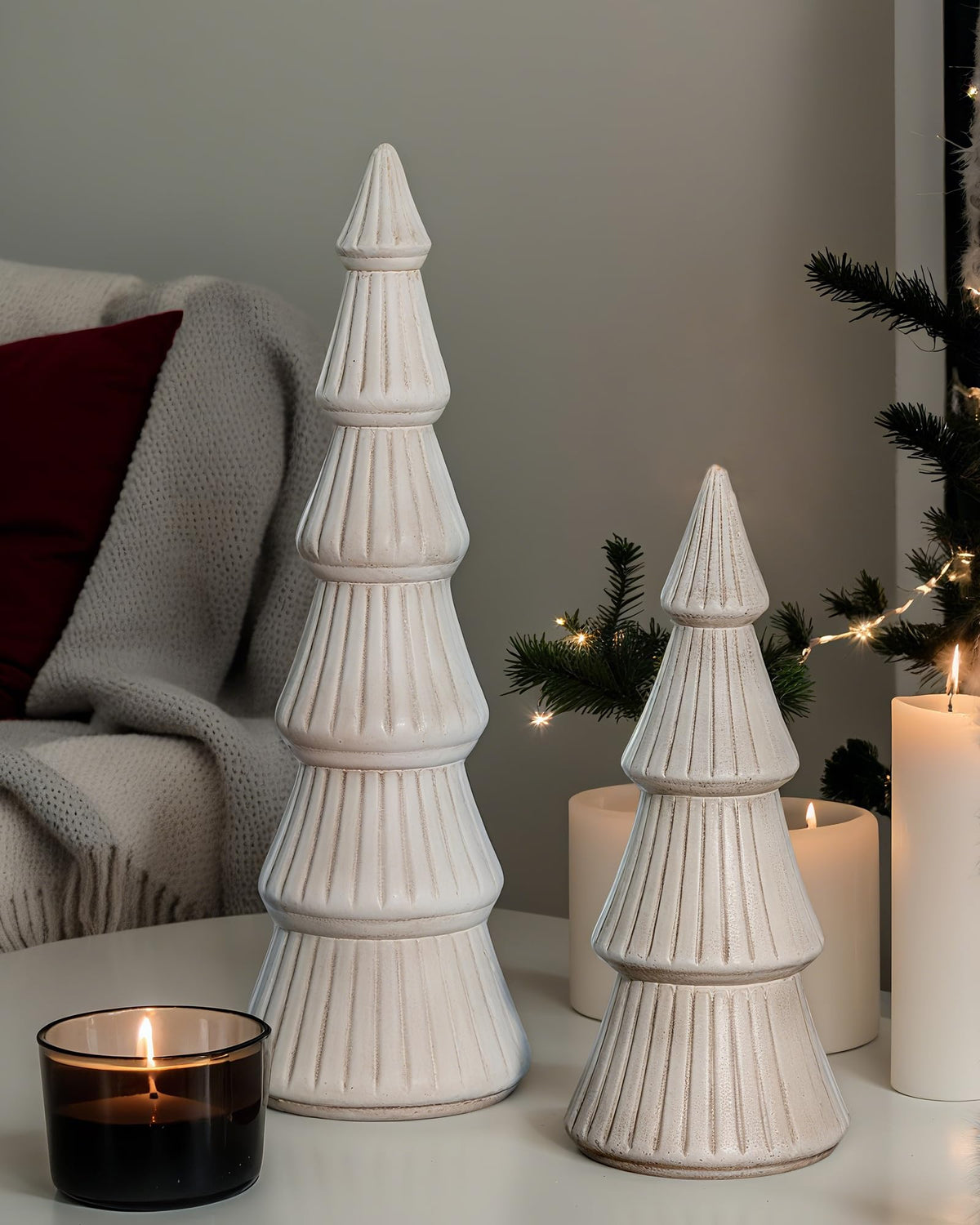 AOMOONOA front view of white wooden tree set showing rustic charm and space-saving design