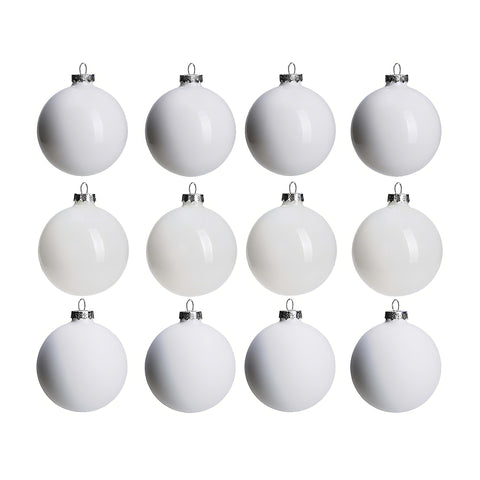 AOMOONOA front packaging showing full 12-piece white glass baubles for easy unboxing