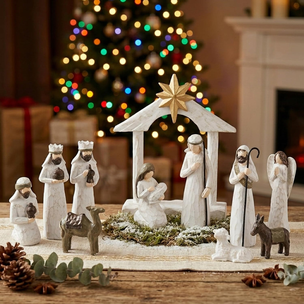 AOMOONOA front view of white nativity set showing full 11-piece ensemble for elegant display