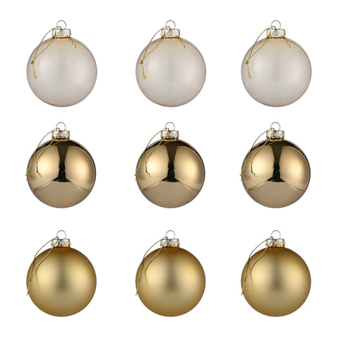 AOMOONOA front packaging showing nine gold glass ornaments and strings benefits easy display