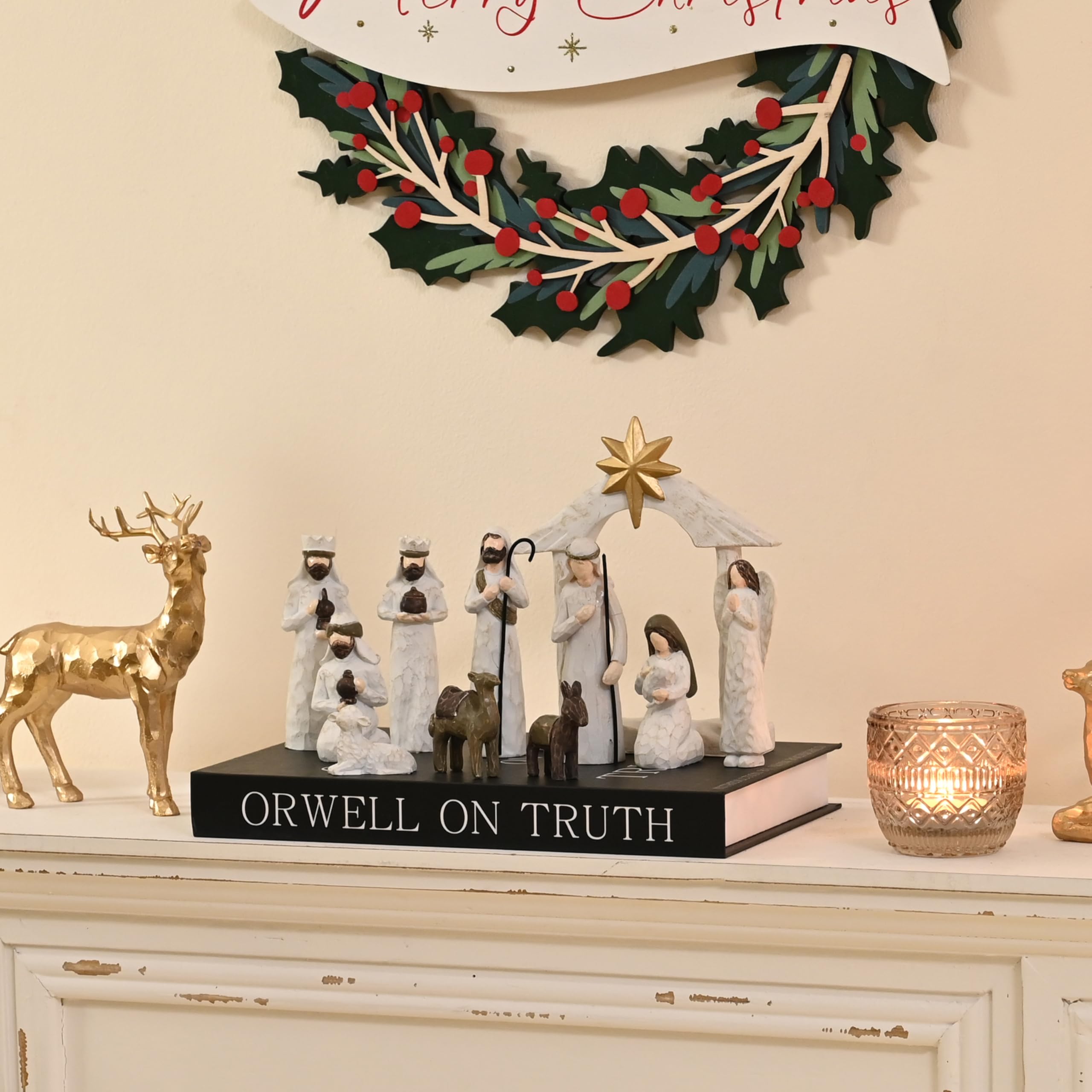 AOMOONOA mantel lifestyle shot with candles showing how set complements holiday décor