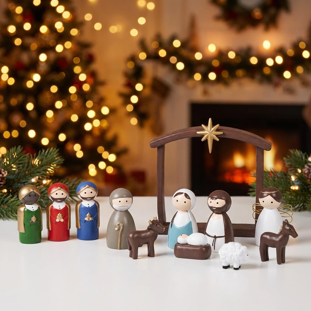 AOMOONOA front view of 12-piece nativity set showing complete scene and charm