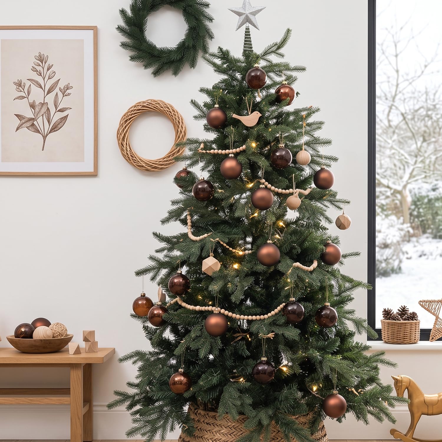 AOMOONOA brown ornaments decorating tree with warm LED lights