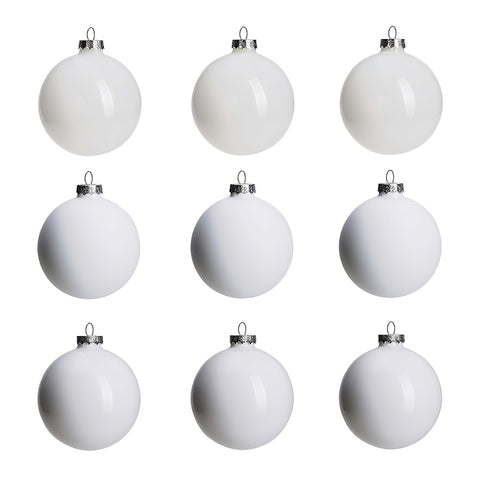 AOMOONOA front packaging showing set of nine white glass baubles for easy storage and protection