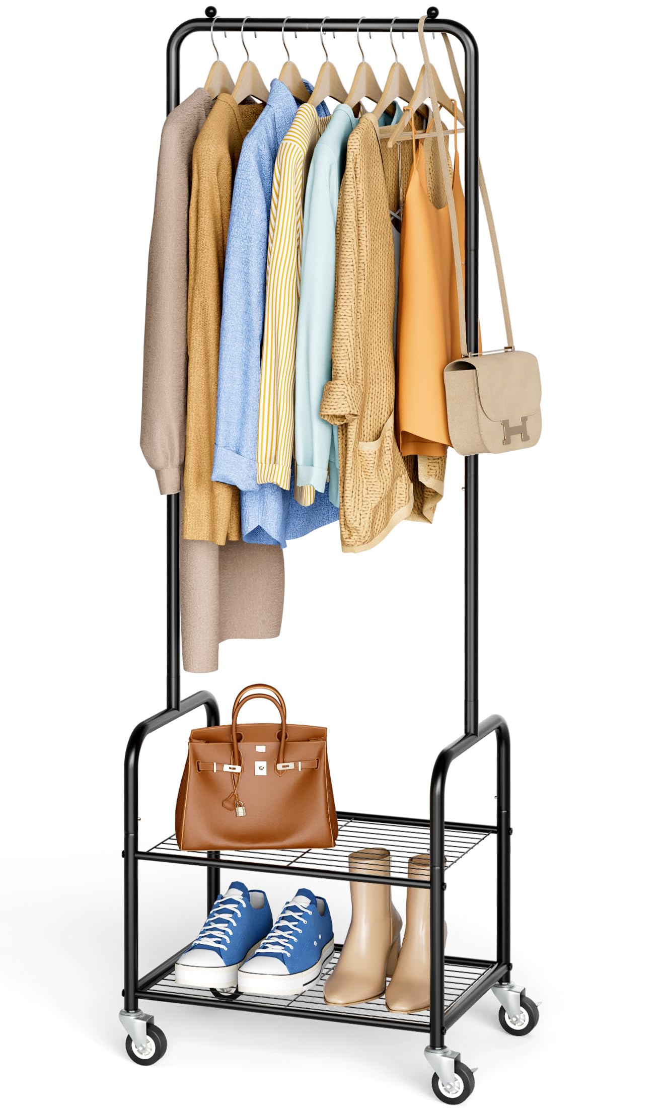 AOODA front view of the compact metal clothes rack showing space-saving design