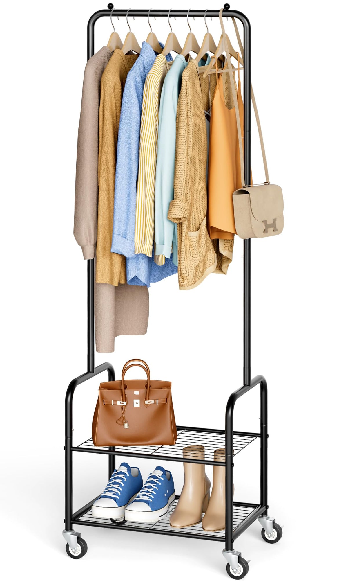 AOODA front view of the compact metal clothes rack showing space-saving design