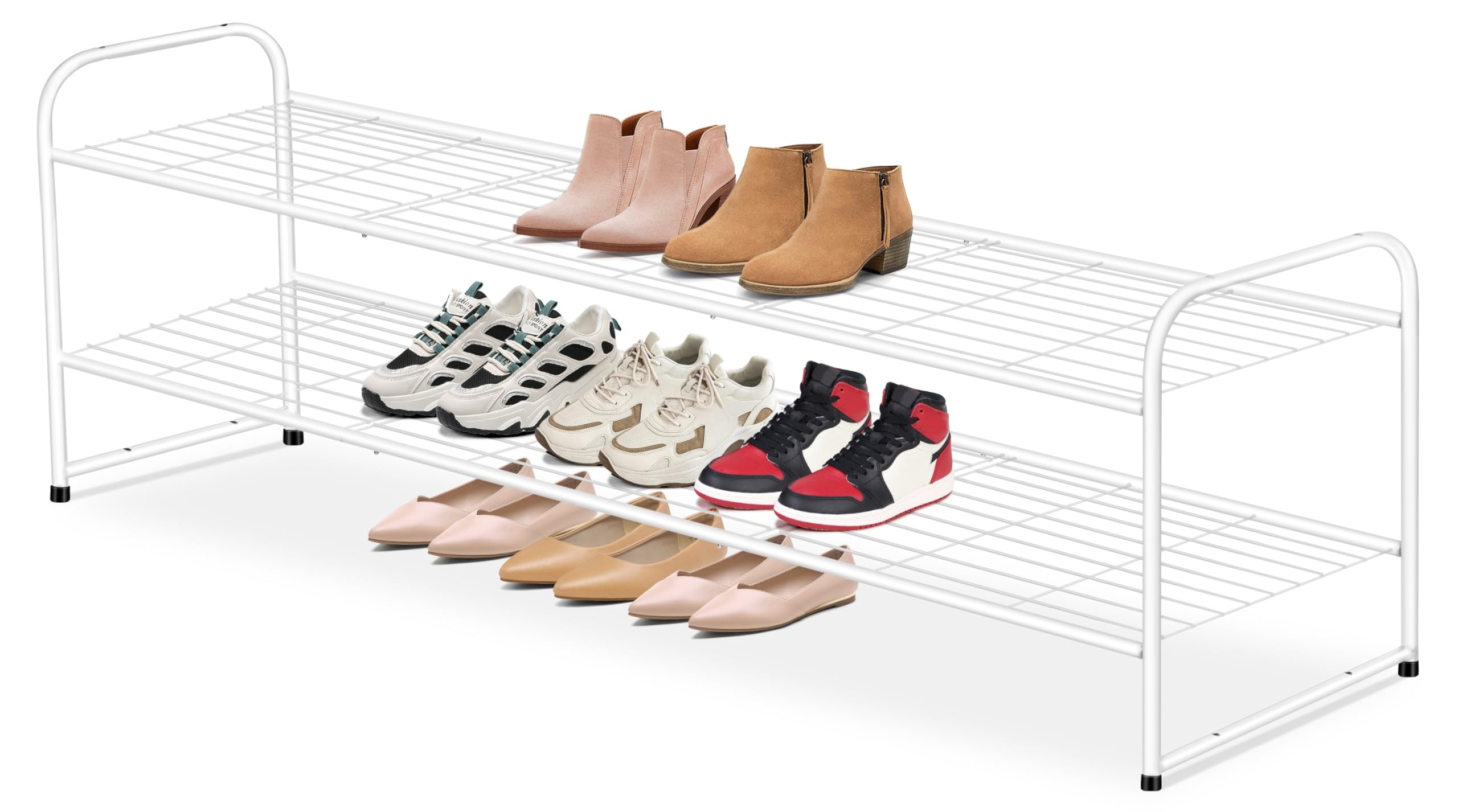 AOODA front view of 2-tier shoe rack showing organized shoes and space-saving benefit