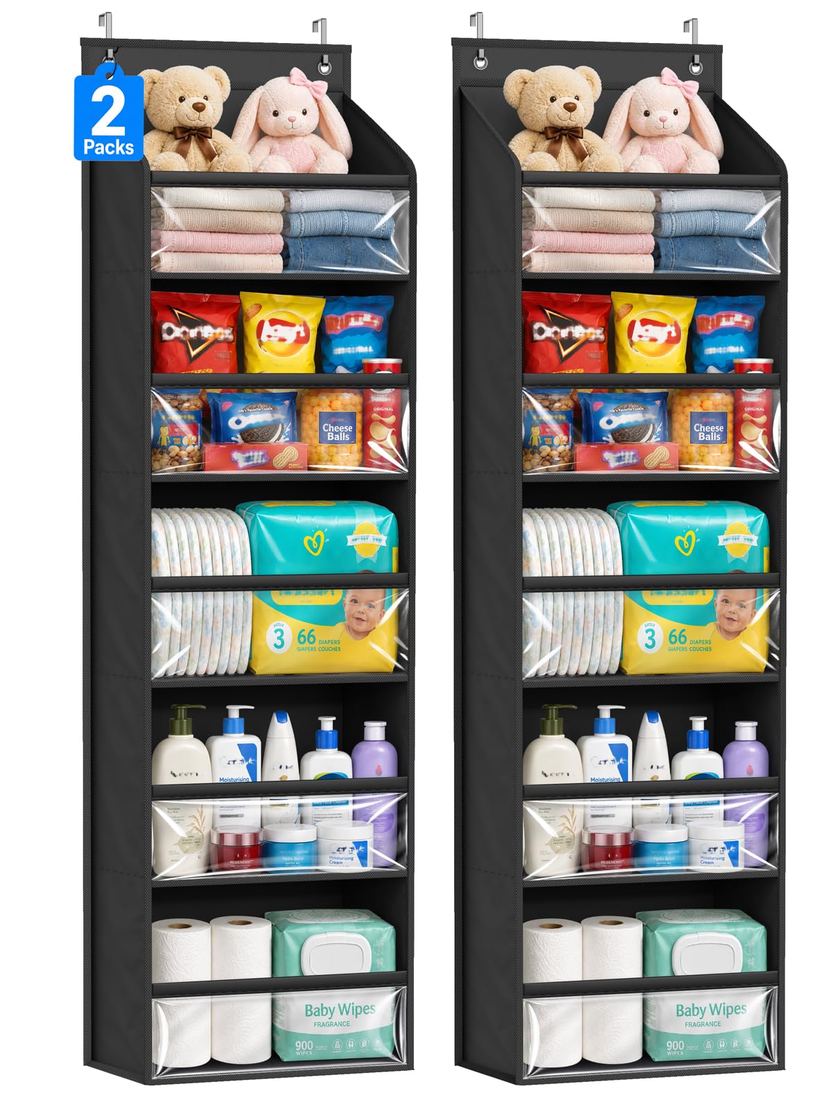 AOODA front view of over-the-door organizer showing multiple clear pockets and storage benefit
