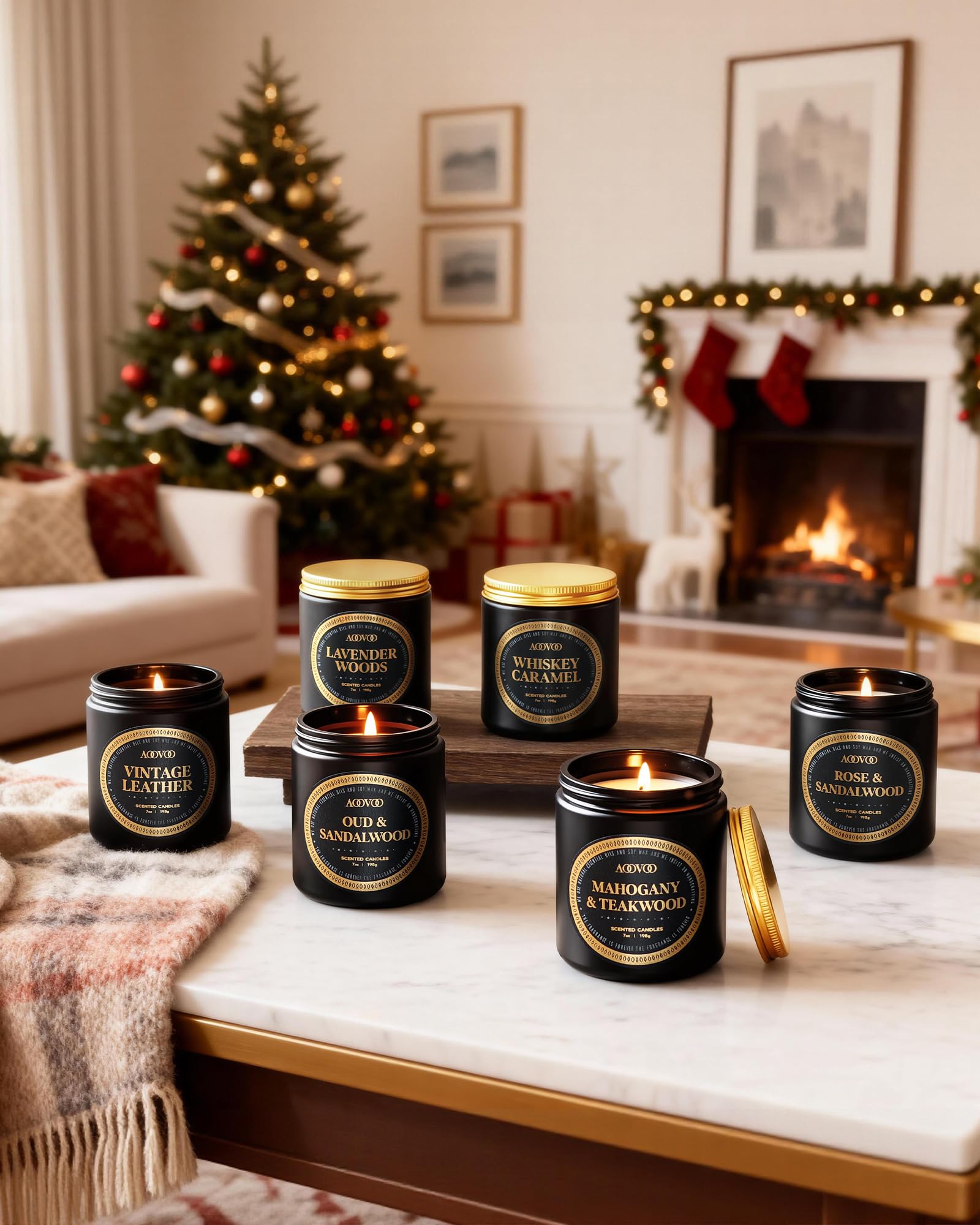 AOOVOO black jar label visible on candle emphasizing refined masculine design
