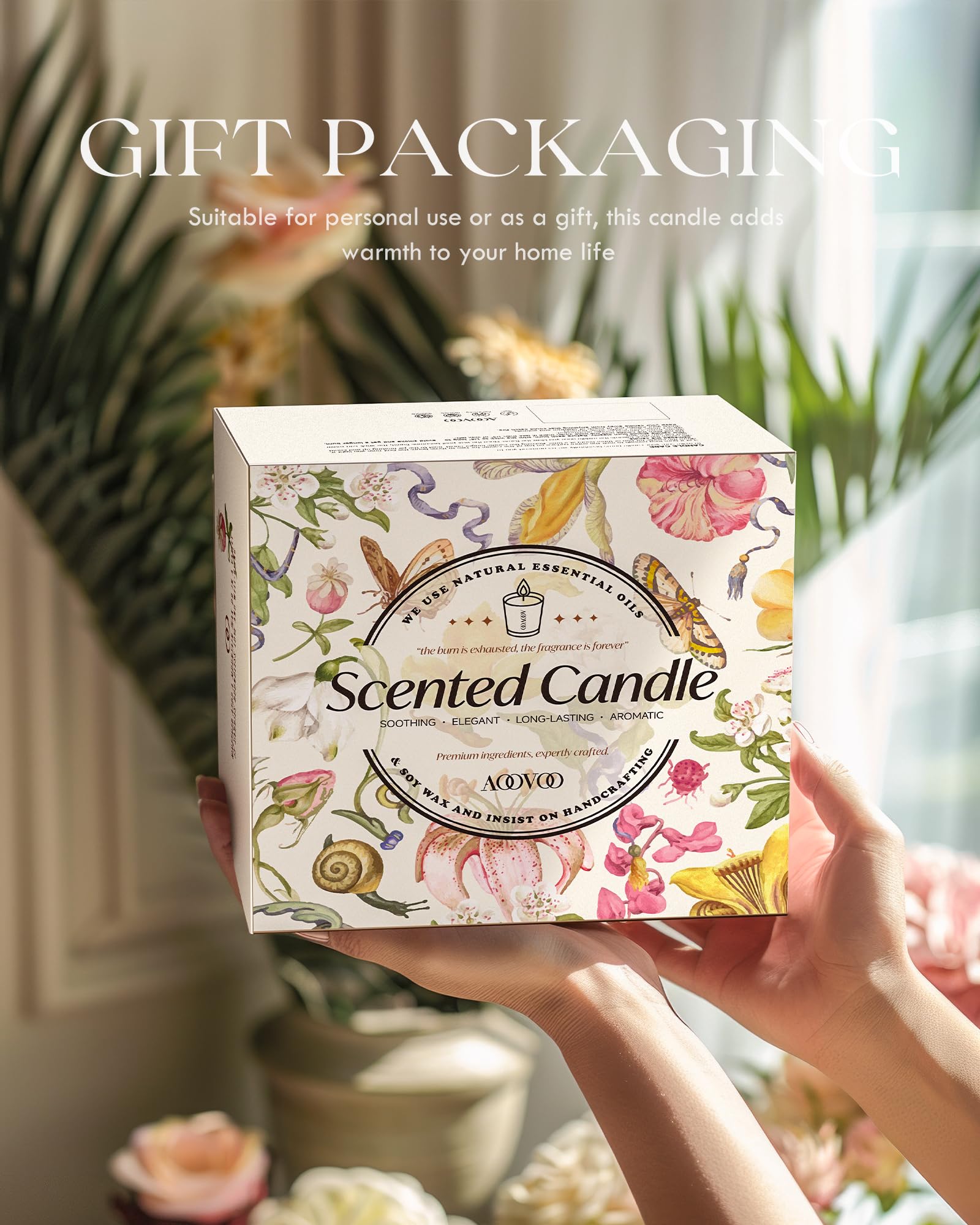 AOOVOO candles styled in a cozy bedroom setting to suggest relaxation benefits