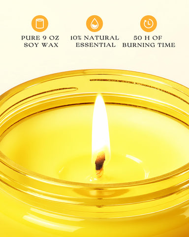 AOOVOO lit candle in living room creating fresh citrus aroma and relaxed ambience