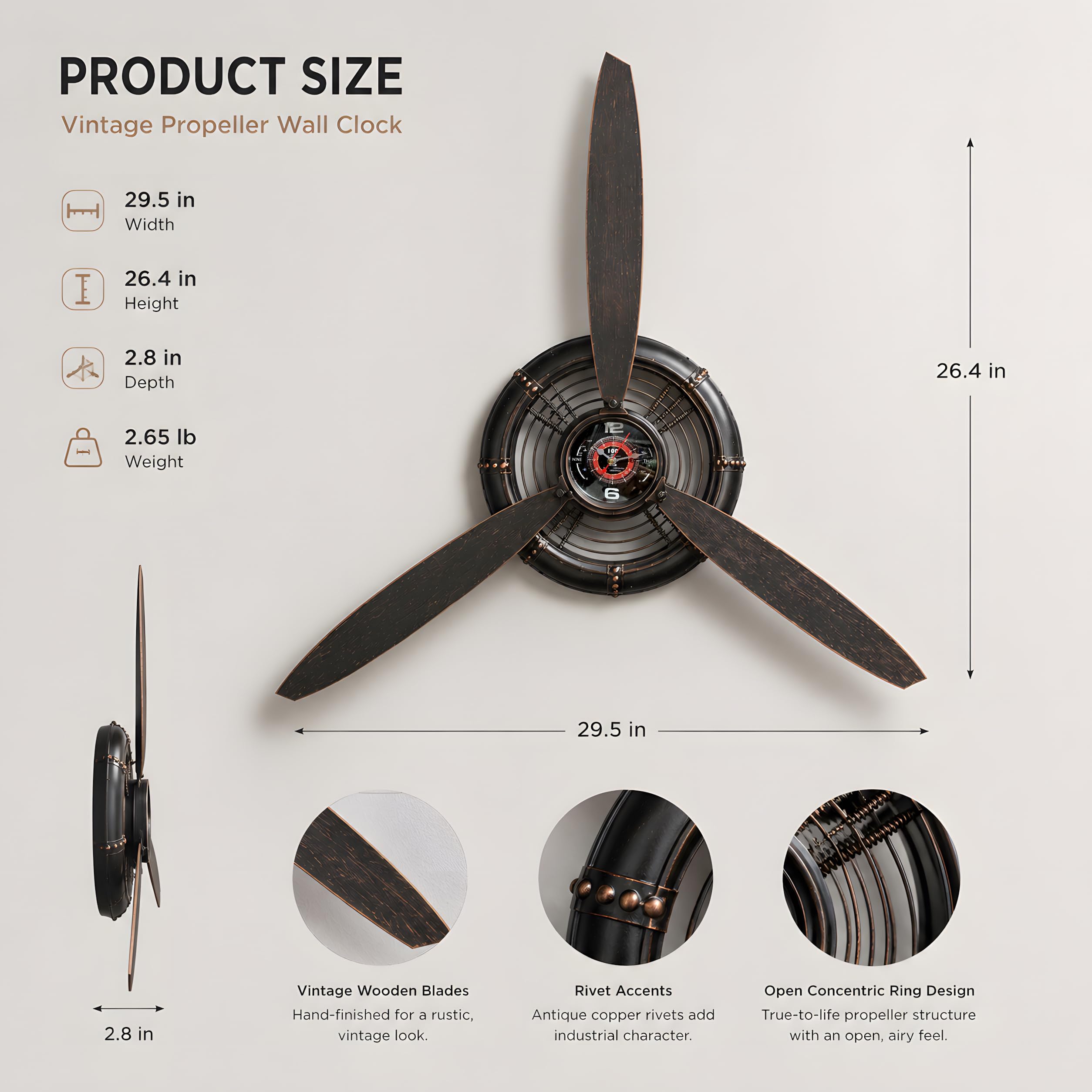 AOROTOE propeller clock in living room adds industrial aviation style and focal interest