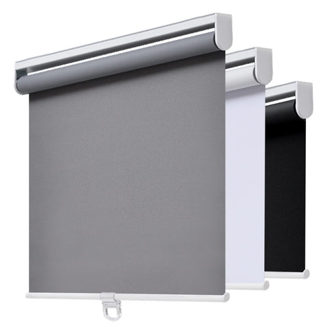 AOSKY front view of grey roller shade showing neat blackout fabric and modern look