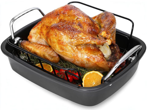 AOTASO front view of roaster pan with rack showing capacity and handles