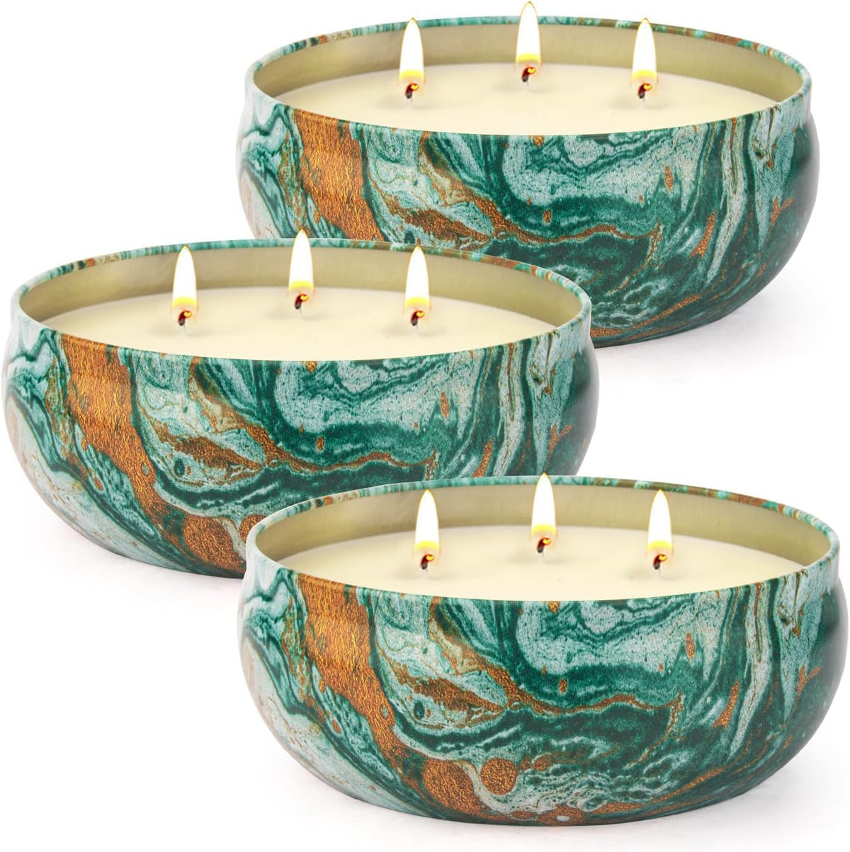 Aottom front packaging showing three citronella tins and long burn times benefit