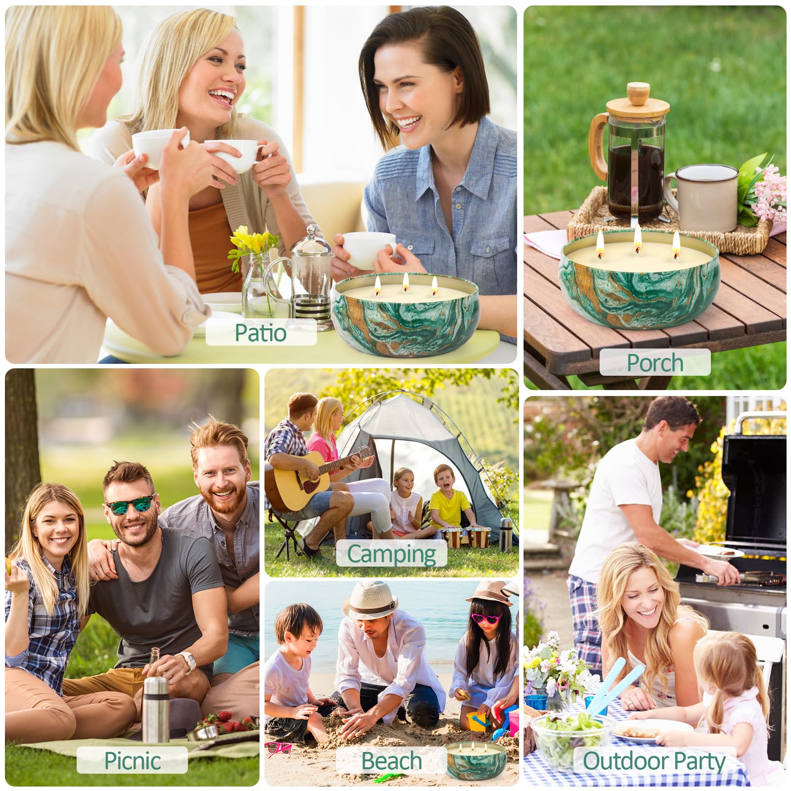 Aottom tins grouped as backyard centerpiece offering consistent scent benefit