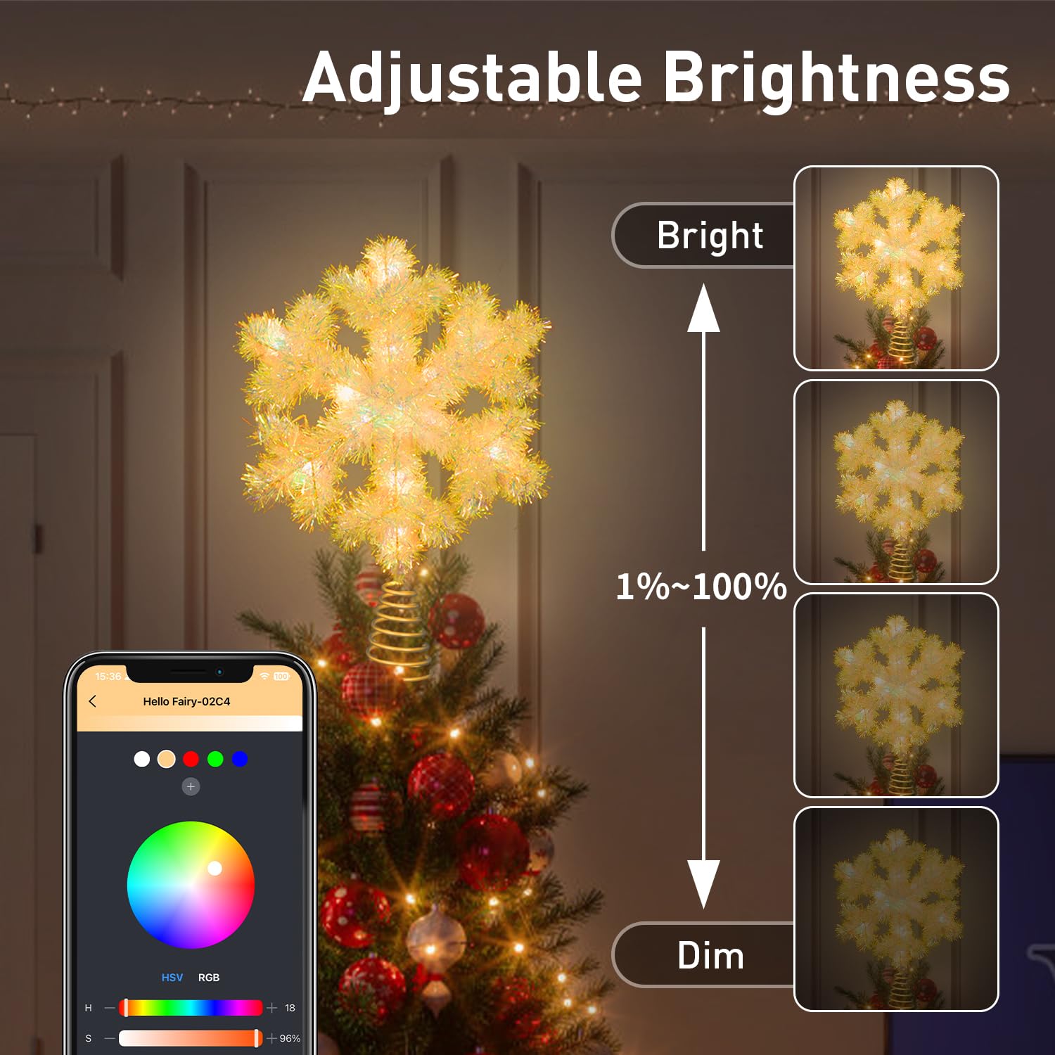 Aoycocr snowflake topper mounted on tree, providing a modern holiday focal point