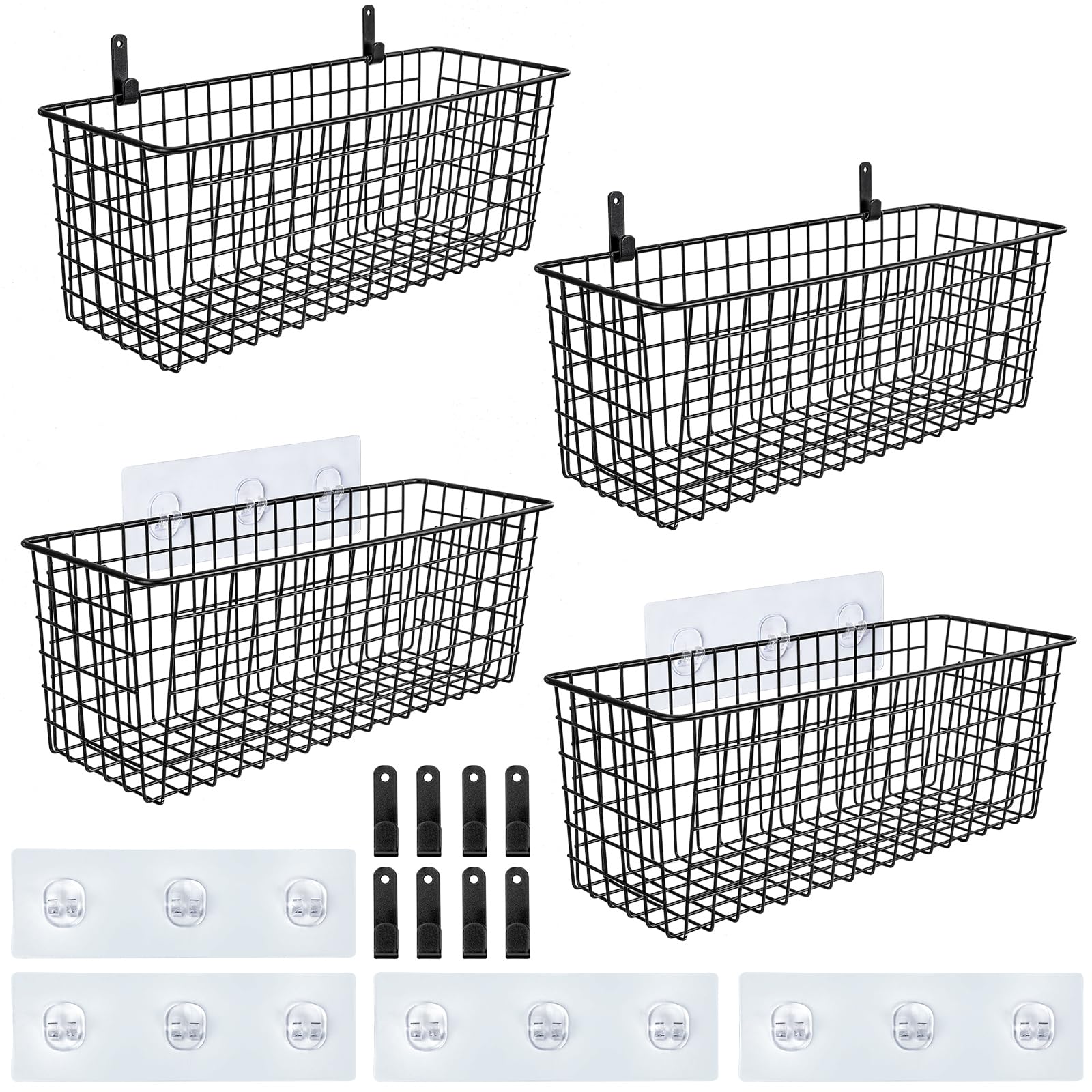 AOZITA front view of four black wall-mounted baskets showing benefit of vertical storage