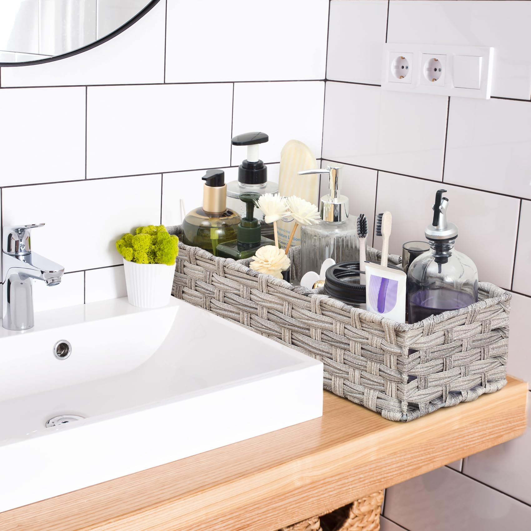 aozita on bathroom shelf giving rustic farmhouse aesthetic and order