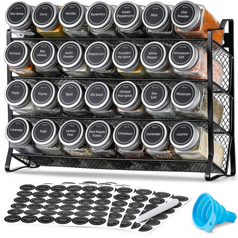 AOZITA front view of 4-tier spice rack showing 28 jars and neat countertop storage