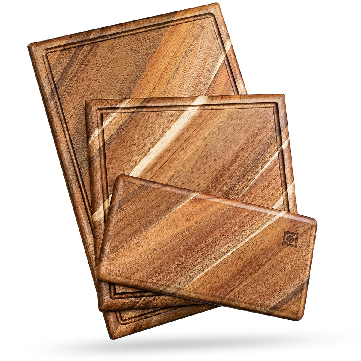 Apace Living front view of three acacia boards showing sizes and design benefits