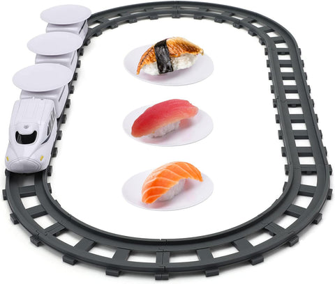 Apettoey front view of the battery-operated sushi train showing colorful rotating carriages and trays for engaging meals