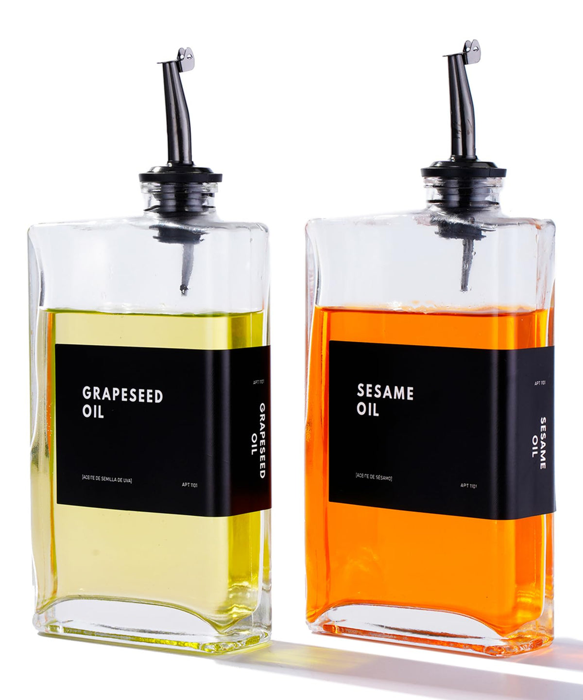 APT 1101 front view showing two glass bottles and black accents for stylish storage