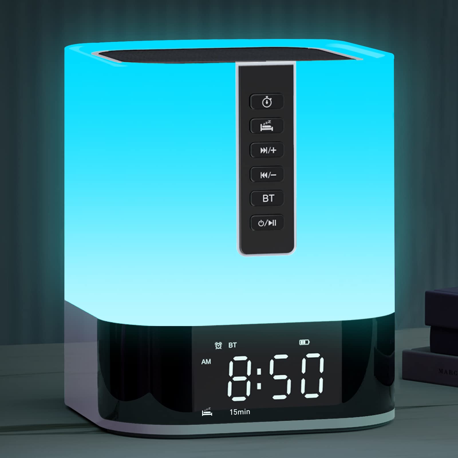 APUZOM front view showing lamp, clock and speaker for versatile bedside use