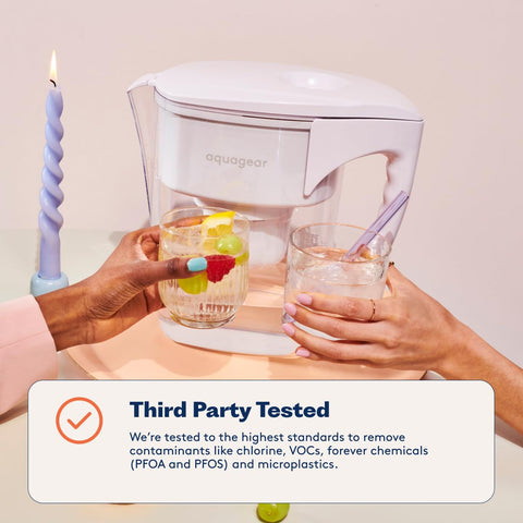 Aquagear pitcher beside measuring cups showing 10-cup capacity benefit