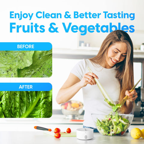 AquaPure beside bowl of washed fruit showing cleaner produce benefit