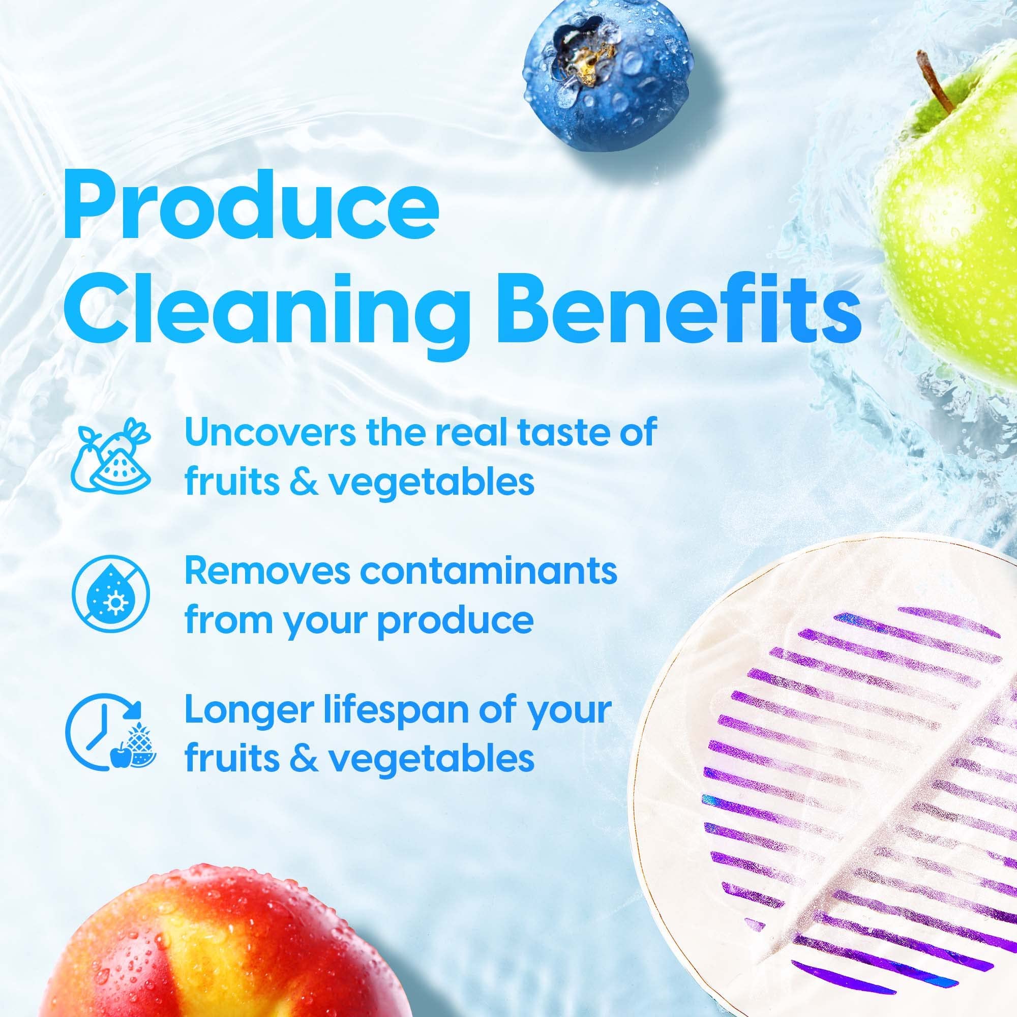 AquaPure in sink with mixed produce illustrating versatile cleaning benefit