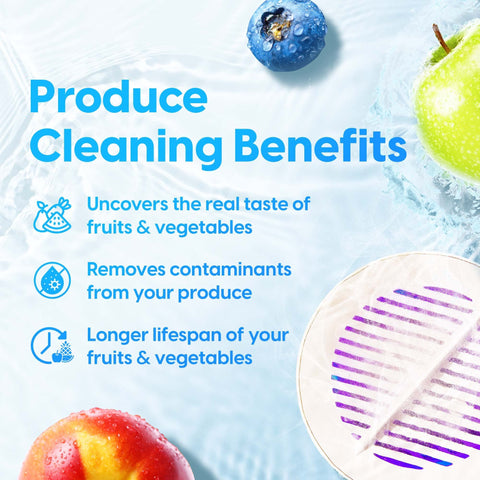 AquaPure in sink with mixed produce illustrating versatile cleaning benefit