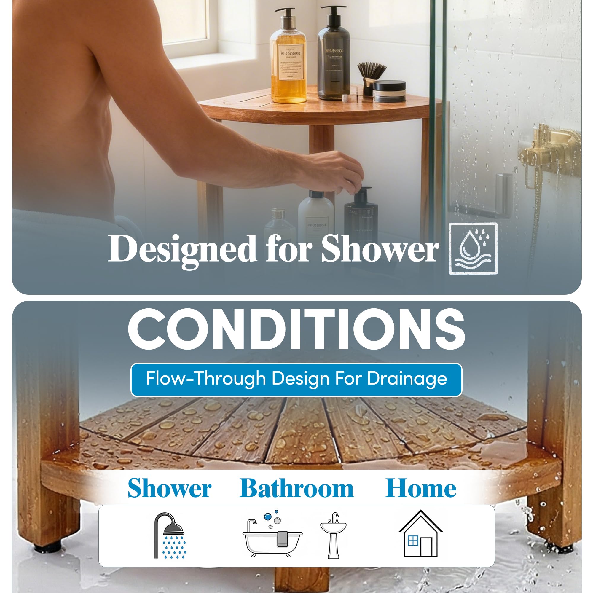 AquaTeak styled in shower showing durable teak blends with bathroom decor