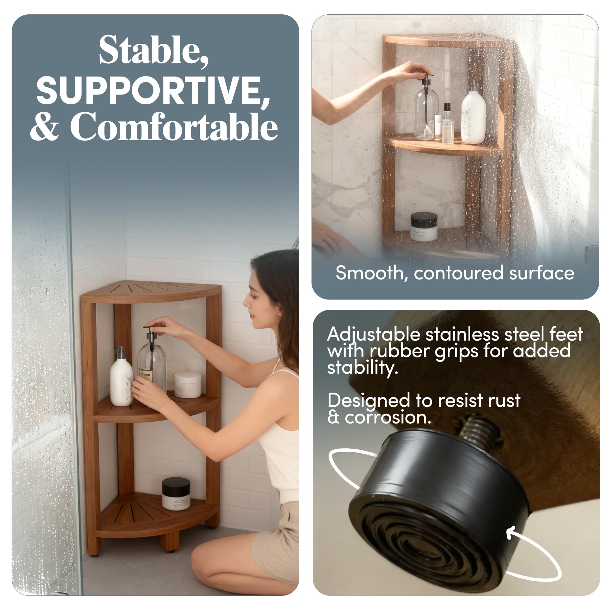 AquaTeak with toiletries demonstrating size scale and practical storage