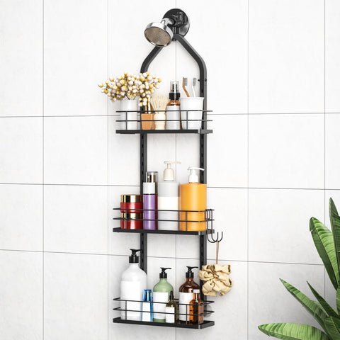 Aquohola front view of 3-tier hanging caddy showing neat storage benefit