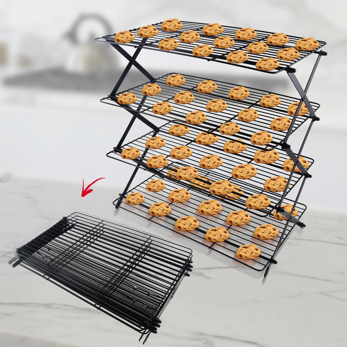 Arbelle front view of 4-tier cooling rack showing full expanded capacity and neat tiers