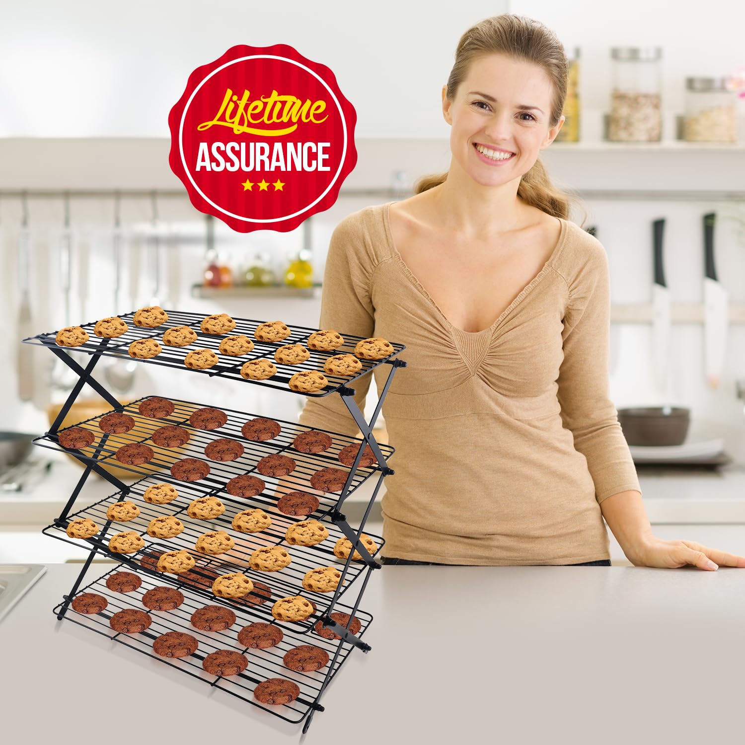 Arbelle rack next to measuring tape showing tier dimensions and space-saving scale