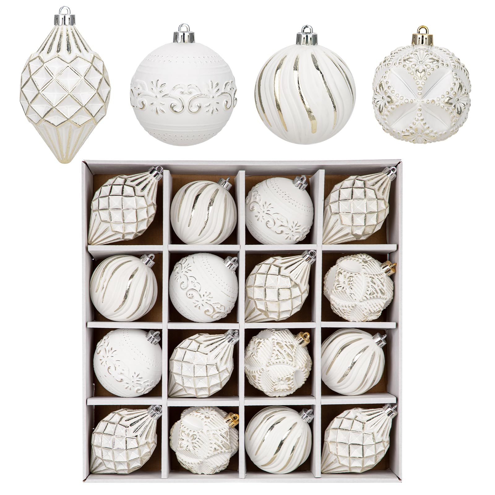 Arborus front view of champagne-white ornament set highlighting elegant look and durability