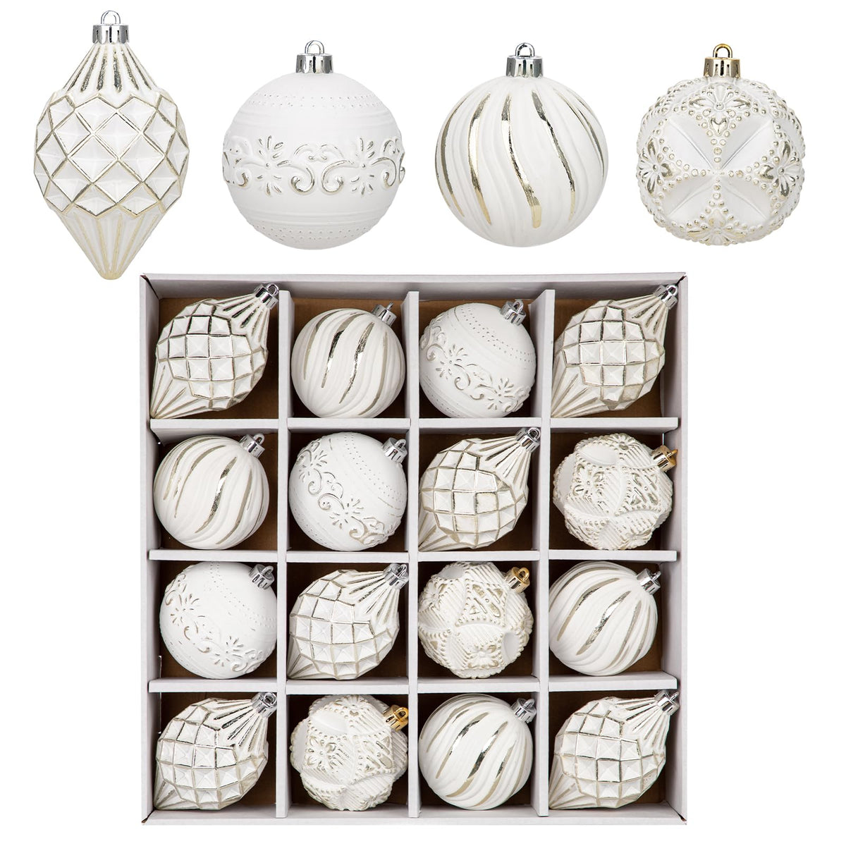 Arborus front view of champagne-white ornament set highlighting elegant look and durability