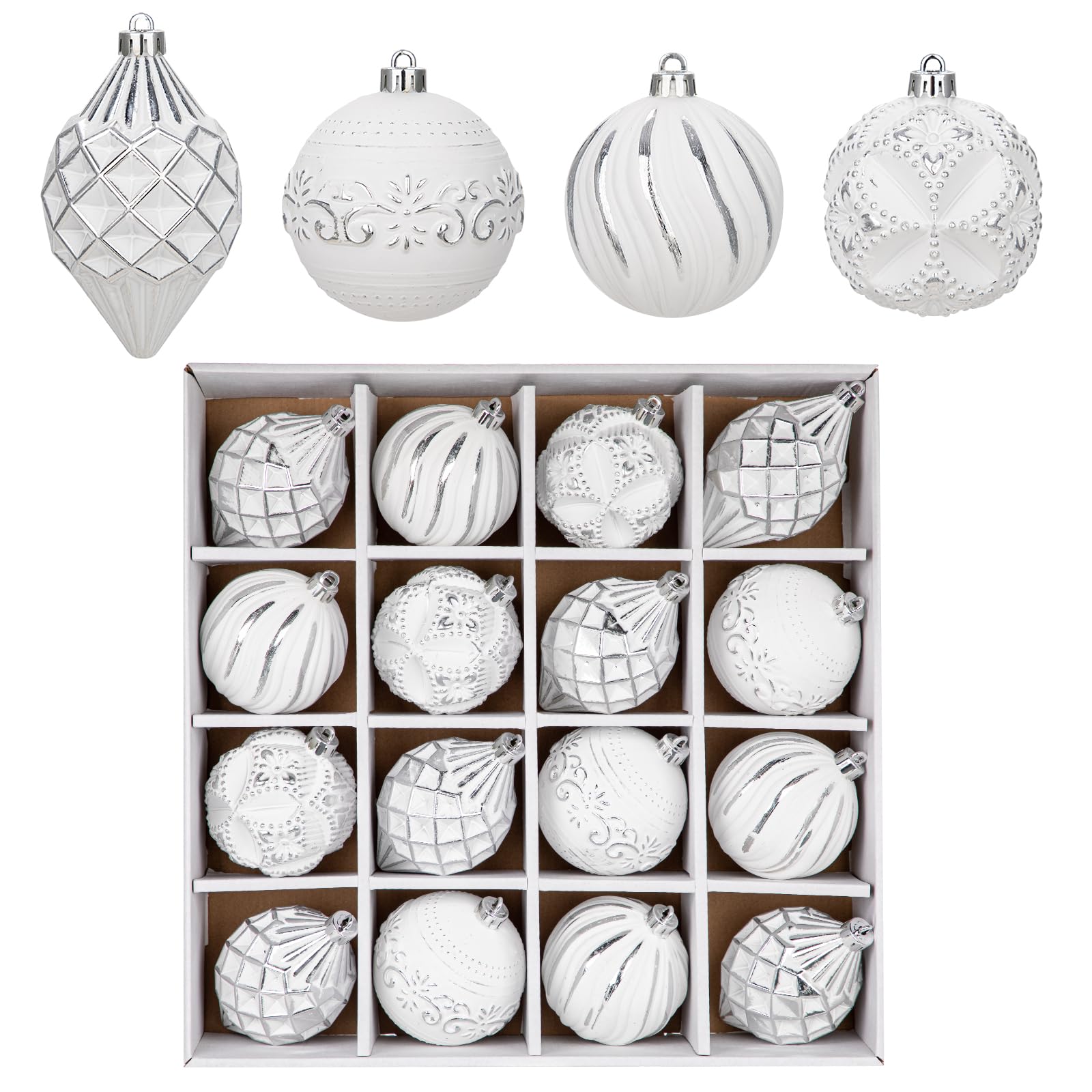 Arborus front packaging view showing silver-white ornaments and neat presentation for easy setup