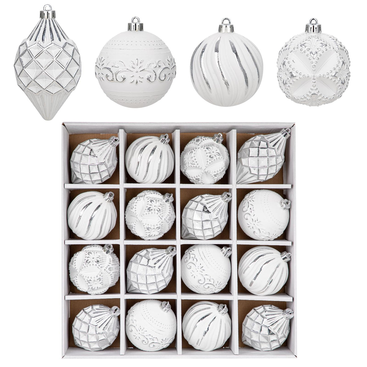 Arborus front packaging view showing silver-white ornaments and neat presentation for easy setup