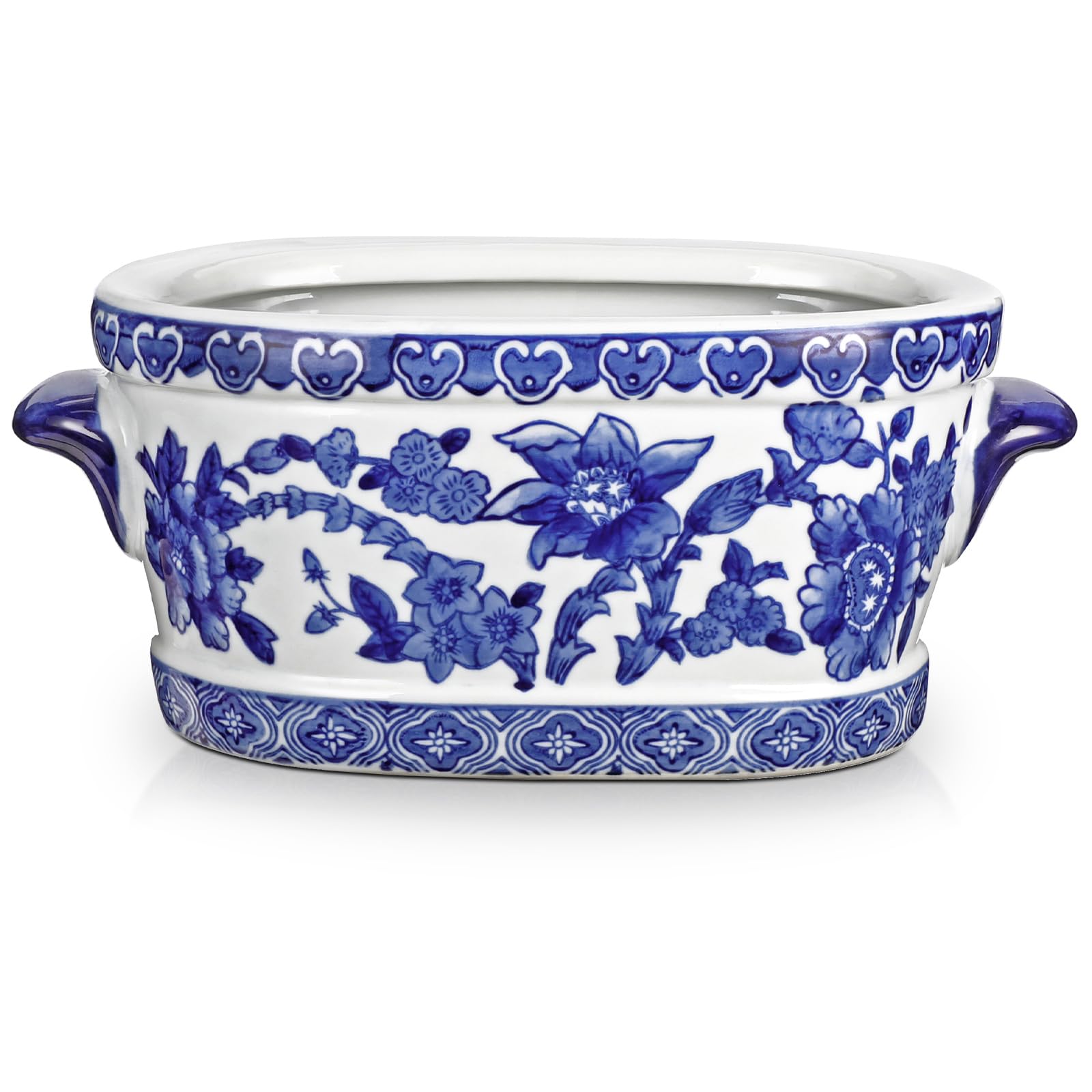 Arborus front view of blue and white oval planter showing vintage appeal