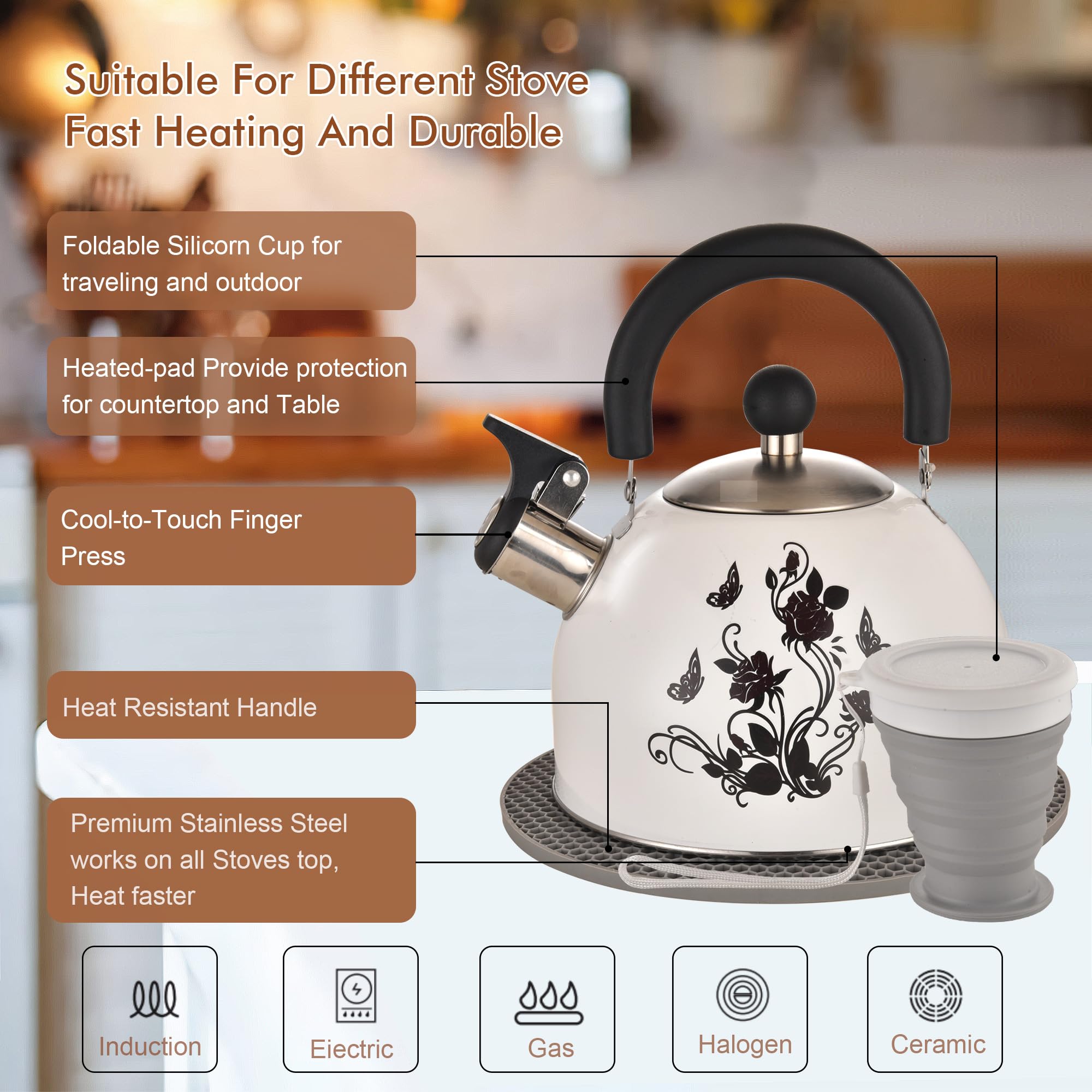ARC side profile highlighting whistling spout benefit: audible boil alert for safe timing